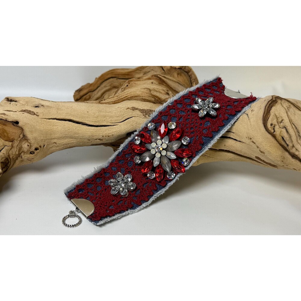 Upcycled Denim Cuff Bracelet Red Lace Rhinestone Handmade Recycled Jean Jewelry